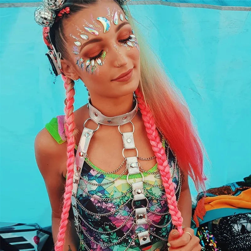 Faux Leather Holographic Outfit Sexy Backless Metal Chain Tops Adjustable Mini Skirt Summer Night Party Rave Festival 2 Pcs Sets FESTIVAL OUTFITS & STREETWEAR
