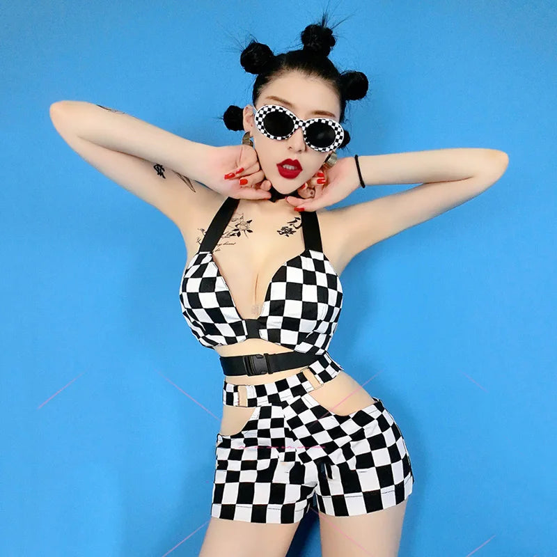 DS Kostüm Sängerin Dj Bar Nachtclub Rave Outfit Jazz Dance Kleidung Gitter Bh Shorts Frauen Pole Dance Tragen DNV13135 Festival Outfits | Techno Shirts | Rave Clothing