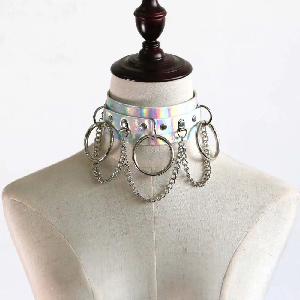 Holographic Rainbow Choker Chain necklace Punk  Leather Collar Women Holo Chocker Rave Festival Costume Jewelry Festival Outfits | Techno Shirts | Rave Clothing