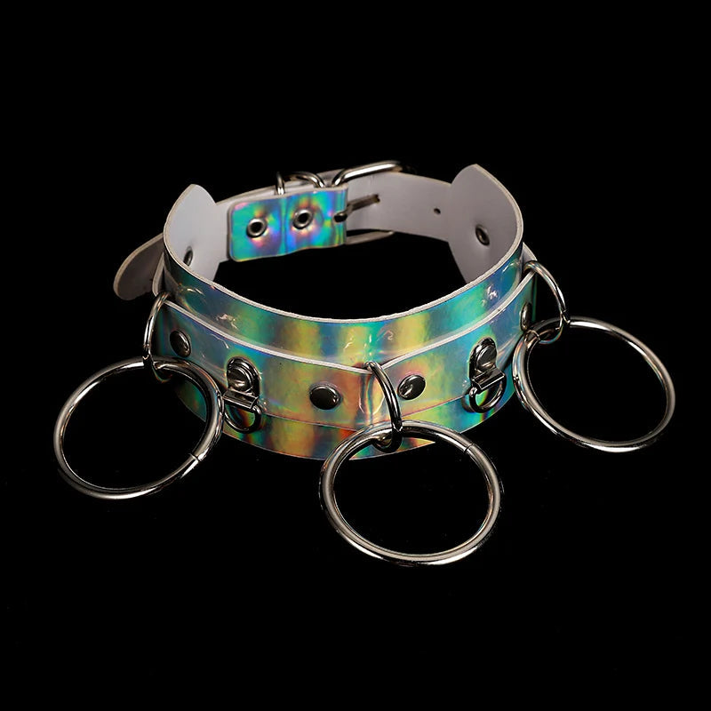 Holographic Rainbow Choker Chain necklace Punk  Leather Collar Women Holo Chocker Rave Festival Costume Jewelry Festival Outfits | Techno Shirts | Rave Clothing