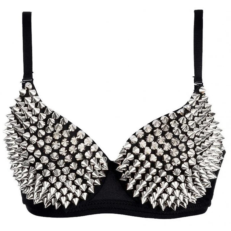 Kinky rave outfit ladies bra rhinestone silver