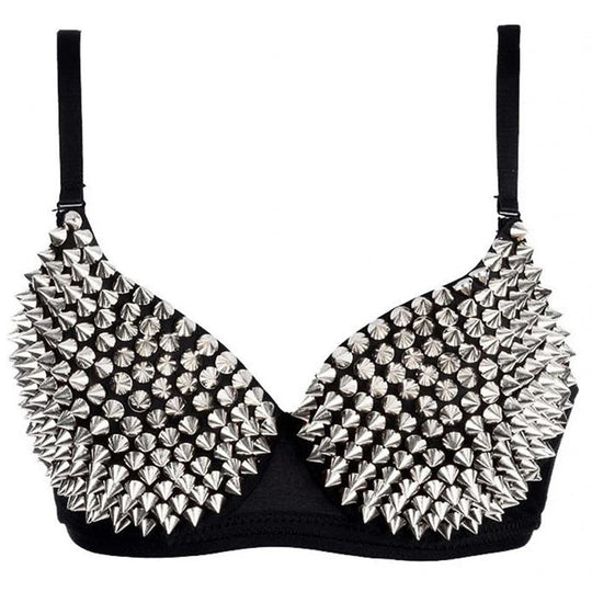 Kinky rave outfit ladies bra rhinestone silver
