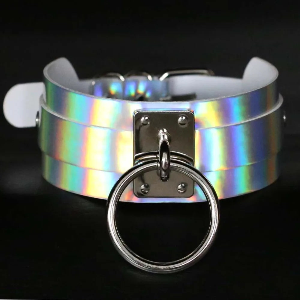 Holographic Rainbow Choker Chain necklace Punk  Leather Collar Women Holo Chocker Rave Festival Costume Jewelry Festival Outfits | Techno Shirts | Rave Clothing