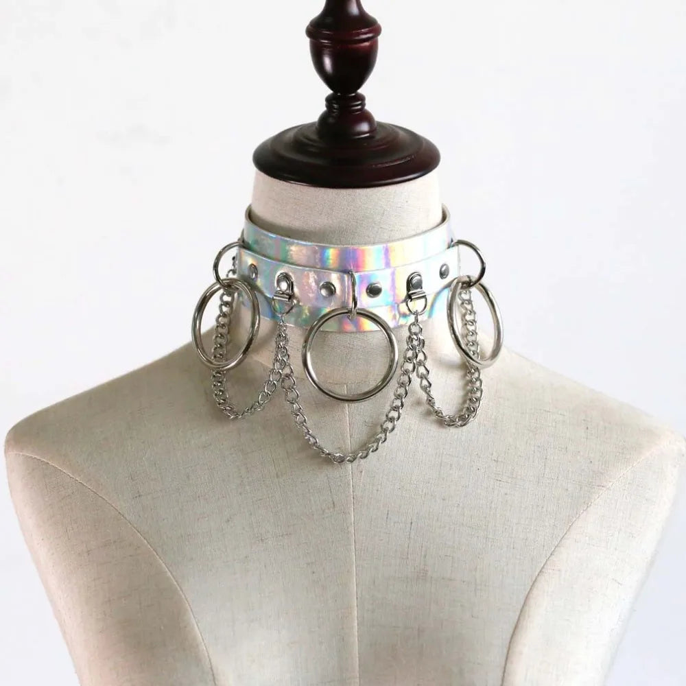 Holographic Rainbow Choker Chain necklace Punk  Leather Collar Women Holo Chocker Rave Festival Costume Jewelry Festival Outfits | Techno Shirts | Rave Clothing