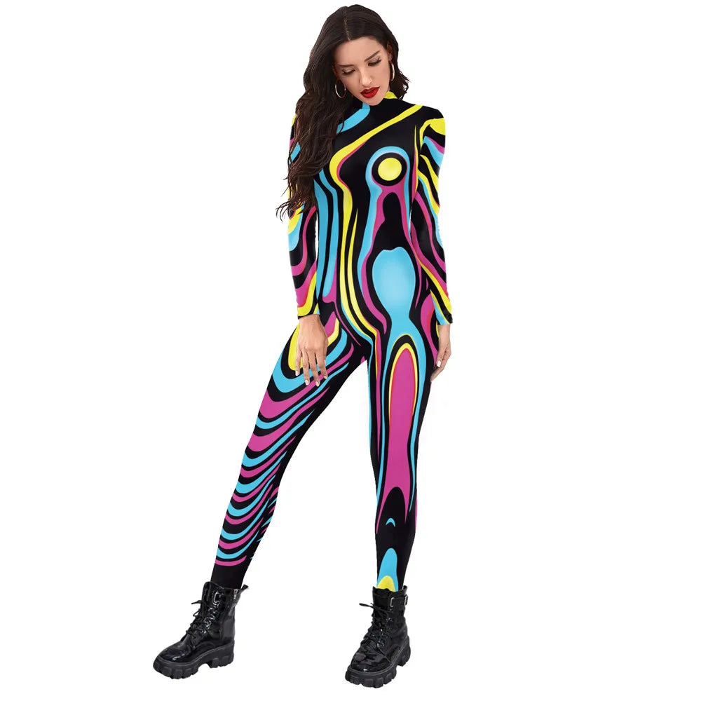 FCCEXIO Multicolor Print Holiday Party Women Overalls New Fashion Sexy Jumpsuit Wear Cosplay Costume Catsuit Body FESTIVAL OUTFITS & STREETWEAR