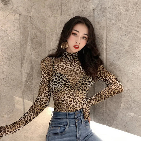 Women Retro Half High Collar Leopard T-shirt Female Fall Sexy Thin Long Sleeves Mesh T-shirt Perspective Bottom Forming Tight Top Festival Outfits | Techno Shirts | Rave Clothing