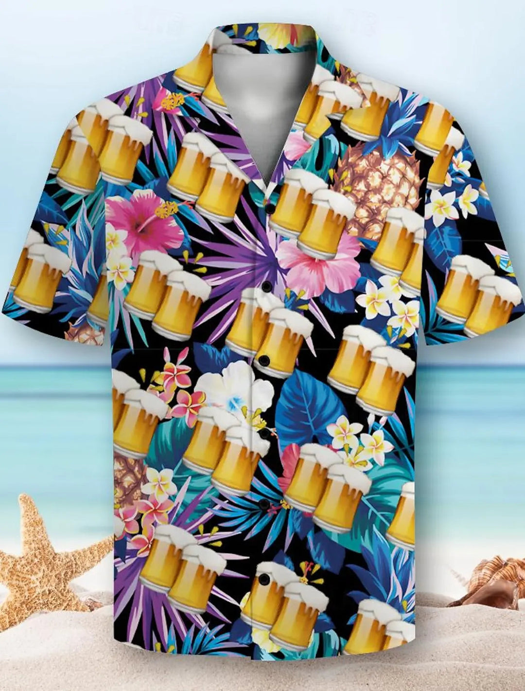 Beer pattern 3D print men's short sleeve party everyday vacation button down lapel shirt for summer resort vacation, Hawaiian style festival outfits | techno shirts | rave clothing