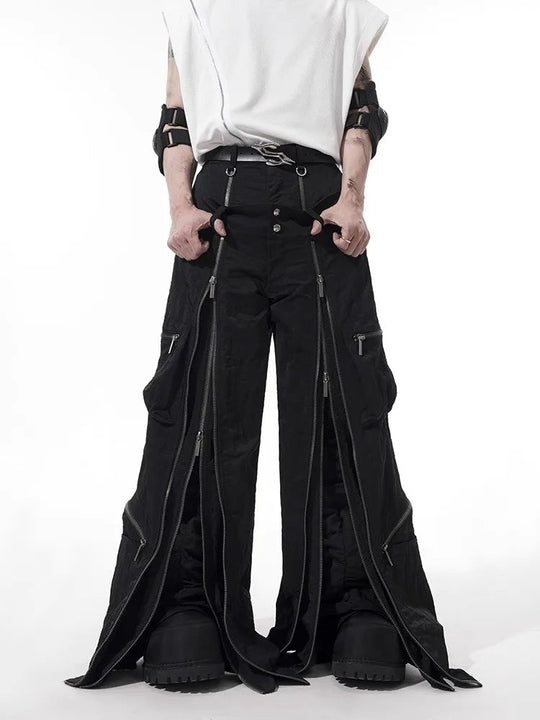 Mauroicardi spring fall cool black baggy wide leg techwear trousers for men with many zippers luxury designer clothing streetwear festival outfits | techno shirts | rave clothing