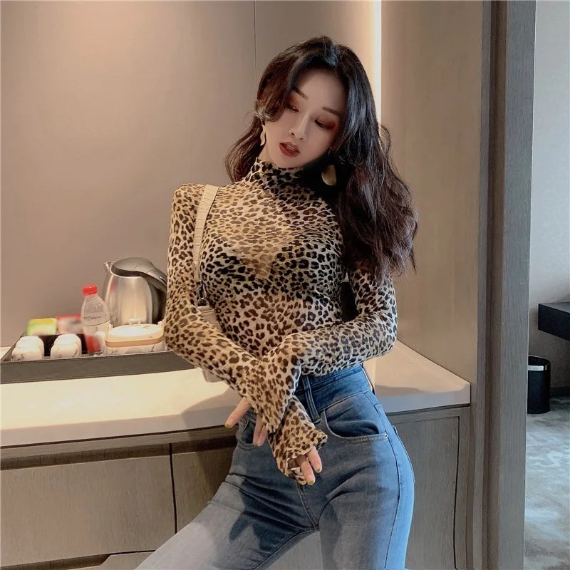 Women Retro Half High Collar Leopard T-shirt Female Fall Sexy Thin Long Sleeves Mesh T-shirt Perspective Bottom Forming Tight Top Festival Outfits | Techno Shirts | Rave Clothing