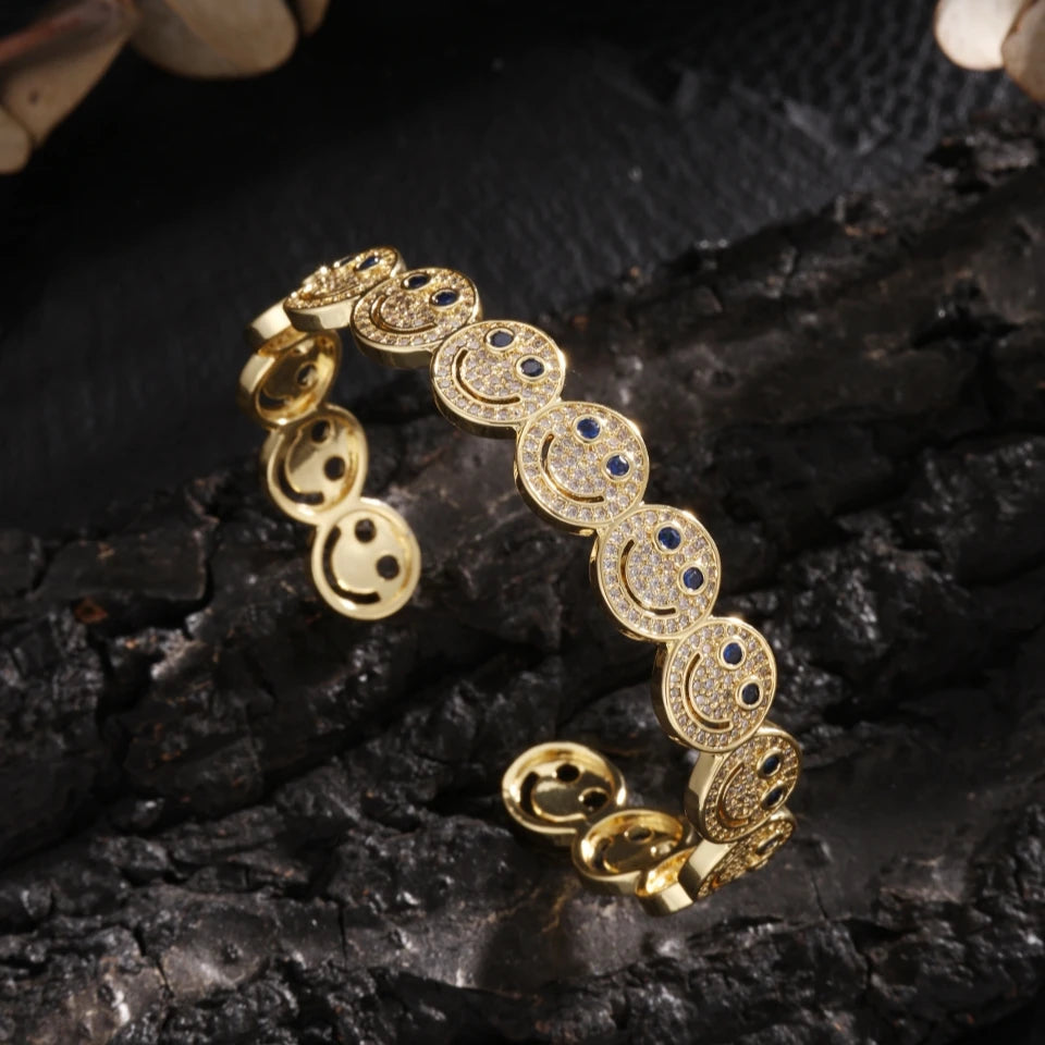 RAKOL Stilvolle Runde Lächeln Smiley Manschette Armreif Kupfer Vergoldet Zirkonia Charme Party Schmuck Für Frauen Männer Geschenke Festival Outfits | Techno Shirts | Rave Clothing