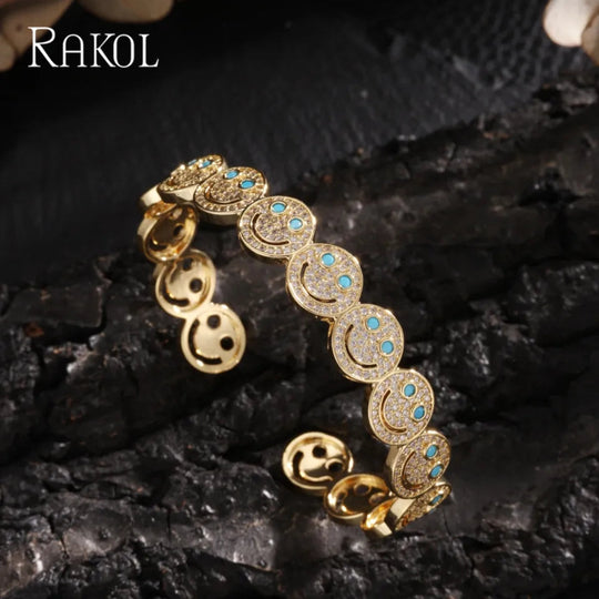 RAKOL Stilvolle Runde Lächeln Smiley Manschette Armreif Kupfer Vergoldet Zirkonia Charme Party Schmuck Für Frauen Männer Geschenke Festival Outfits | Techno Shirts | Rave Clothing