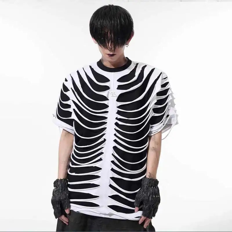 LUZHEN 2025 Summer New Original Personalized Hollow Out Patchwork Design Fake Two Piece T-shirts Men High Street Tops JY1125 Festival Outfits | Techno Shirts | Rave Clothing
