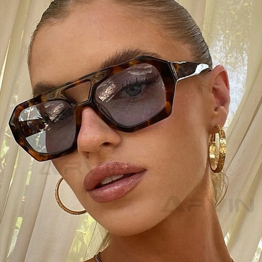 Vintage Square Sunglasses for Women Men Thick Frame Double Bridge Glasses Female Fashion Chic Polygon Sunglasses Leopard Blue Festival Outfits | Techno Shirts | Rave Clothing