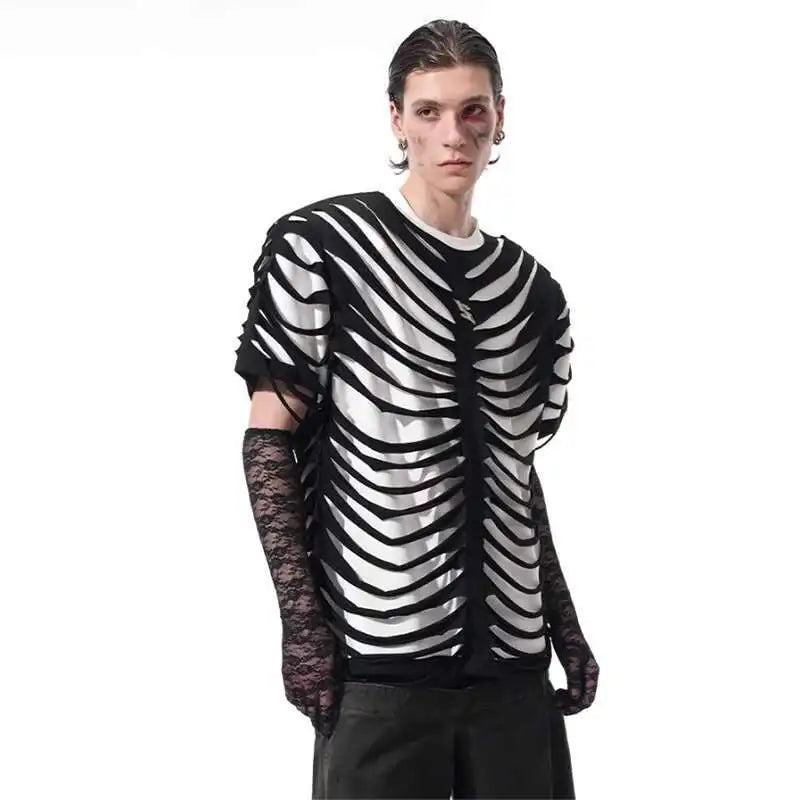 LUZHEN 2025 Summer New Original Personalized Hollow Out Patchwork Design Fake Two Piece T-shirts Men High Street Tops JY1125 Festival Outfits | Techno Shirts | Rave Clothing