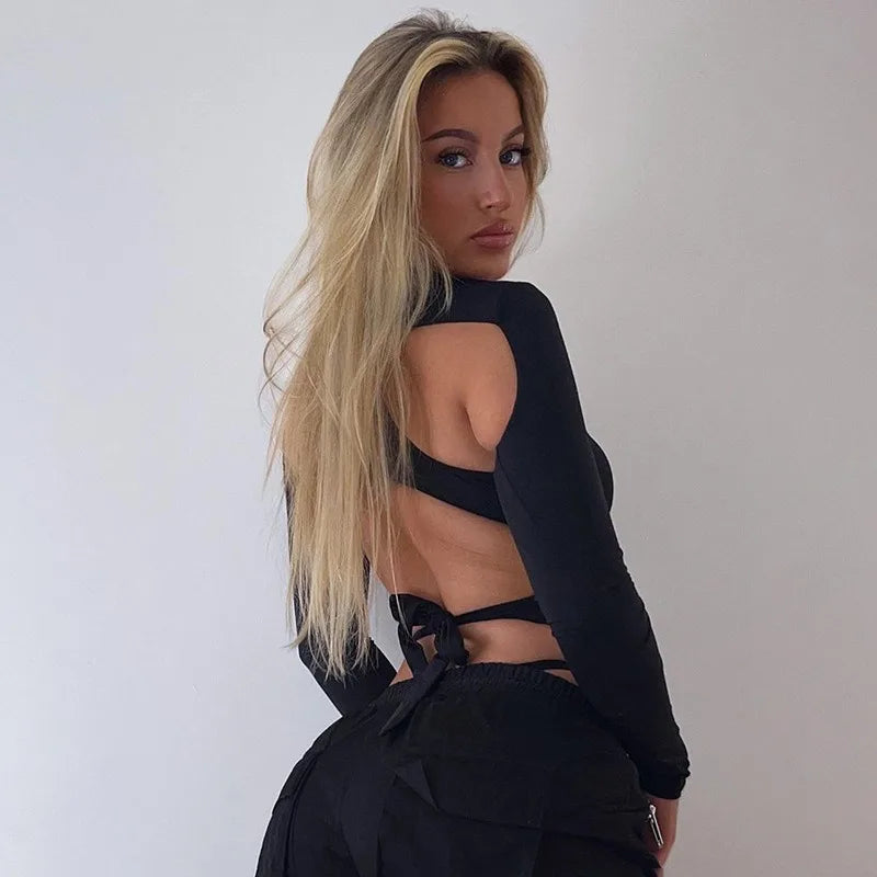 Goth sexy monochrome jumpsuit women y2k hollow out cyber punk long sleeve patchwork bodysuit streetwear emo alt rave outfit FESTIVAL OUTFITS & STREETWEAR