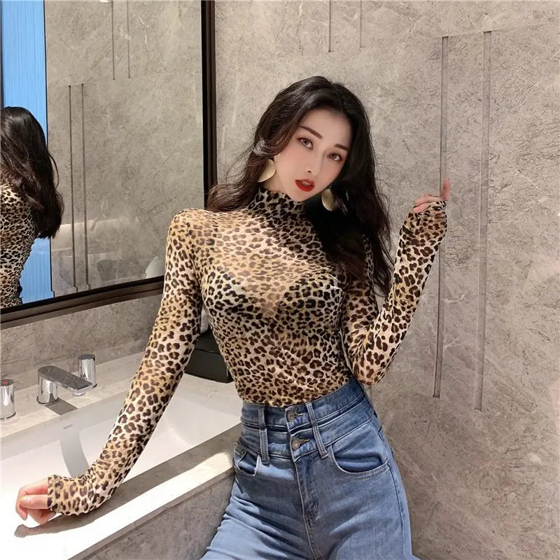 Women Retro Half High Collar Leopard T-shirt Female Fall Sexy Thin Long Sleeves Mesh T-shirt Perspective Bottom Forming Tight Top Festival Outfits | Techno Shirts | Rave Clothing