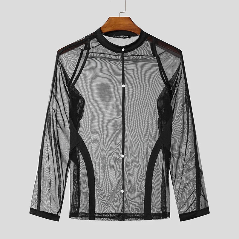 Fashion Clubwear Style Tops INCERUN Men Tight Fitting Contrast Splicing T-shirt Sexy See-through Mesh Thin Long Sleeved Camiseta Festival Outfits | Techno Shirts | Rave Clothing