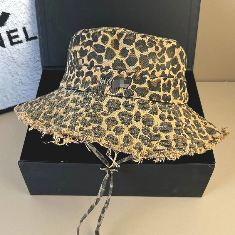 New brown leopard print designer cowboy bucket hats with string women denim beach sun hat outdoor panama summer fisherman cap festival outfits | techno shirts | rave clothing