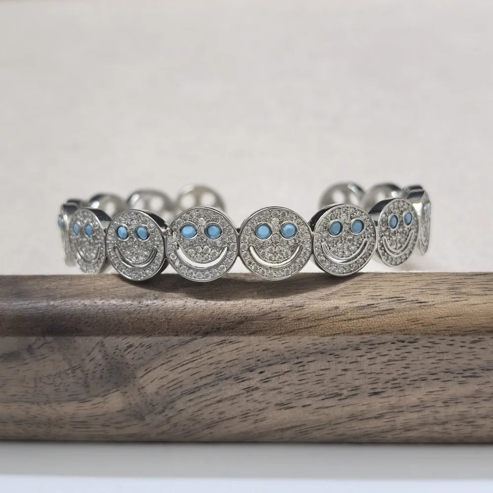 RAKOL Stilvolle Runde Lächeln Smiley Manschette Armreif Kupfer Vergoldet Zirkonia Charme Party Schmuck Für Frauen Männer Geschenke Festival Outfits | Techno Shirts | Rave Clothing