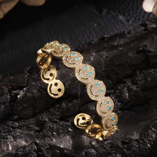 RAKOL Stilvolle Runde Lächeln Smiley Manschette Armreif Kupfer Vergoldet Zirkonia Charme Party Schmuck Für Frauen Männer Geschenke Festival Outfits | Techno Shirts | Rave Clothing