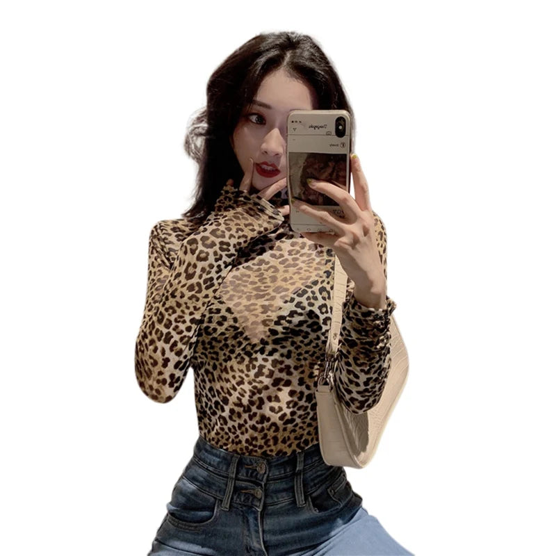 Women Retro Half High Collar Leopard T-shirt Female Fall Sexy Thin Long Sleeves Mesh T-shirt Perspective Bottom Forming Tight Top Festival Outfits | Techno Shirts | Rave Clothing