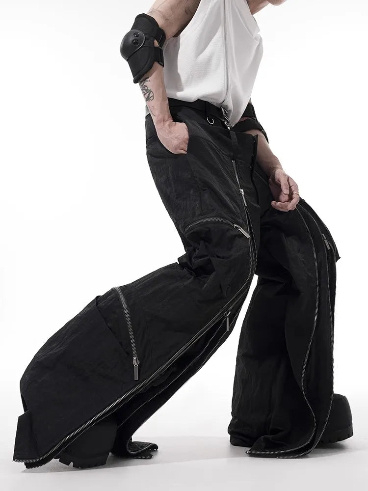Mauroicardi spring fall cool black baggy wide leg techwear trousers for men with many zippers luxury designer clothing streetwear festival outfits | techno shirts | rave clothing