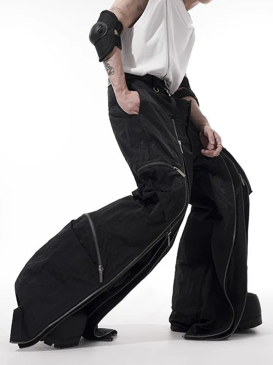 Mauroicardi spring fall cool black baggy wide leg techwear trousers for men with many zippers luxury designer clothing streetwear festival outfits | techno shirts | rave clothing
