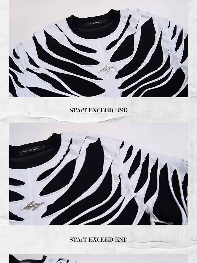 LUZHEN 2025 Summer New Original Personalized Hollow Out Patchwork Design Fake Two Piece T-shirts Men High Street Tops JY1125 Festival Outfits | Techno Shirts | Rave Clothing