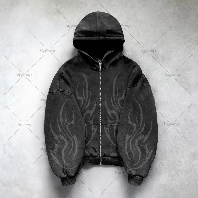 Techno Hoodie Zipper with Tribal Pattern Unisex Look Rave Outfit Hoodie with Tribal Design Casual Zipper Hoodie