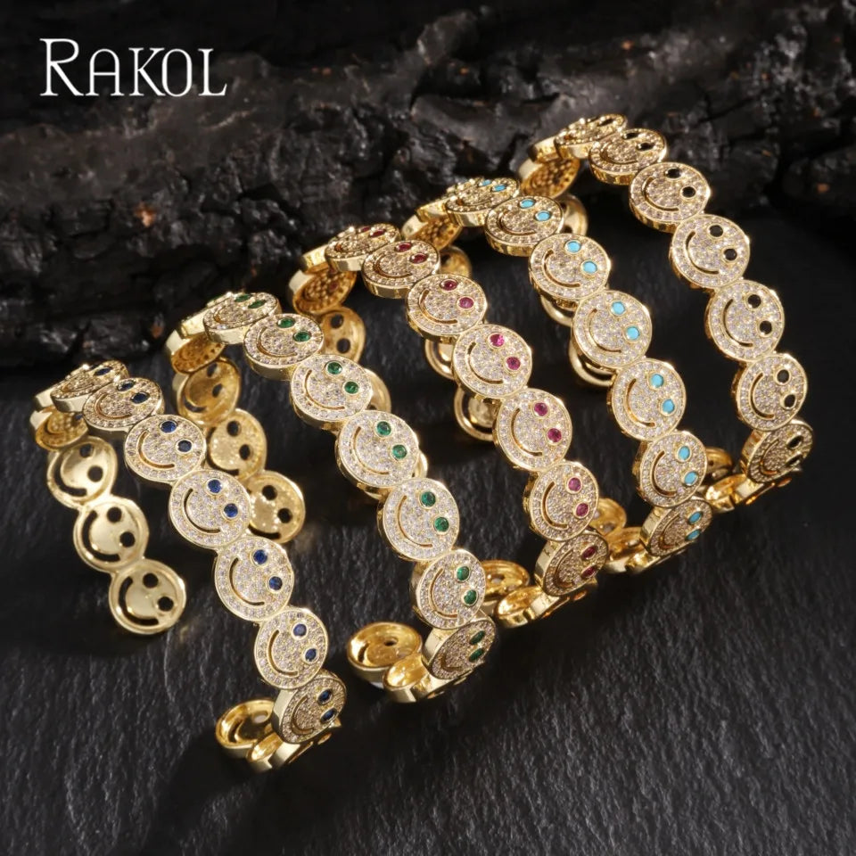 RAKOL Stilvolle Runde Lächeln Smiley Manschette Armreif Kupfer Vergoldet Zirkonia Charme Party Schmuck Für Frauen Männer Geschenke Festival Outfits | Techno Shirts | Rave Clothing