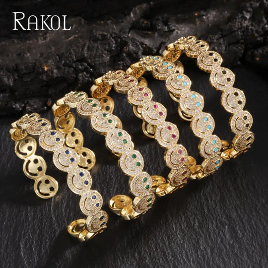 RAKOL Stilvolle Runde Lächeln Smiley Manschette Armreif Kupfer Vergoldet Zirkonia Charme Party Schmuck Für Frauen Männer Geschenke Festival Outfits | Techno Shirts | Rave Clothing