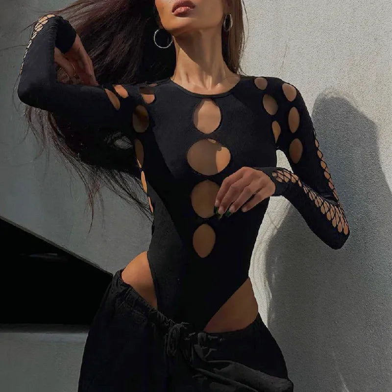 Shestyle Black Hollow Out Design Body for Women Cold Shoulder High Waist Sexy Halloween Hot Lady Bodysuits New-Found Top Solid Festival Outfits | Techno Shirts | Rave Clothing