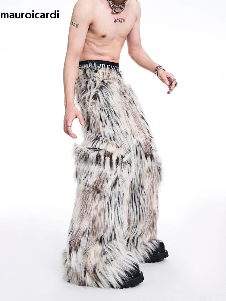 Mauroicardi Autumn Winter Long Colorful Thick Warm Hairy Fluffy Faux Fur Wide Leg Pants Men Bags Runway Fashion Streetwear Festival Outfits | Techno Shirts | Rave Clothing