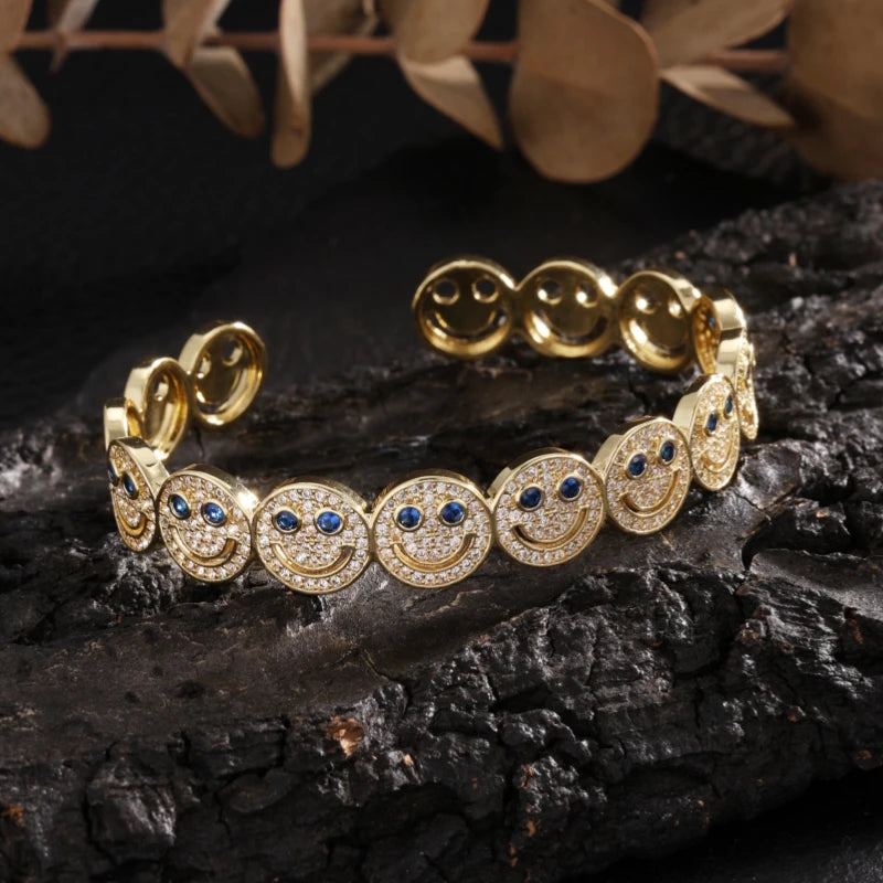 RAKOL Stilvolle Runde Lächeln Smiley Manschette Armreif Kupfer Vergoldet Zirkonia Charme Party Schmuck Für Frauen Männer Geschenke Festival Outfits | Techno Shirts | Rave Clothing