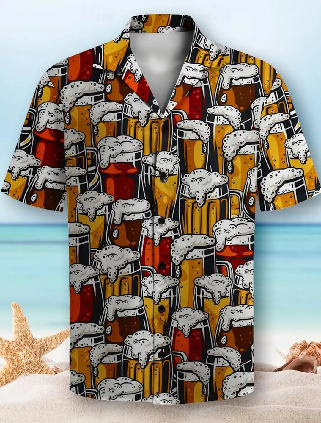Beer pattern 3D print men's short sleeve party everyday vacation button down lapel shirt for summer resort vacation, Hawaiian style festival outfits | techno shirts | rave clothing