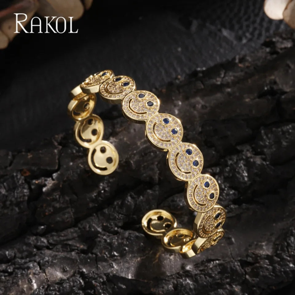 RAKOL Stilvolle Runde Lächeln Smiley Manschette Armreif Kupfer Vergoldet Zirkonia Charme Party Schmuck Für Frauen Männer Geschenke Festival Outfits | Techno Shirts | Rave Clothing