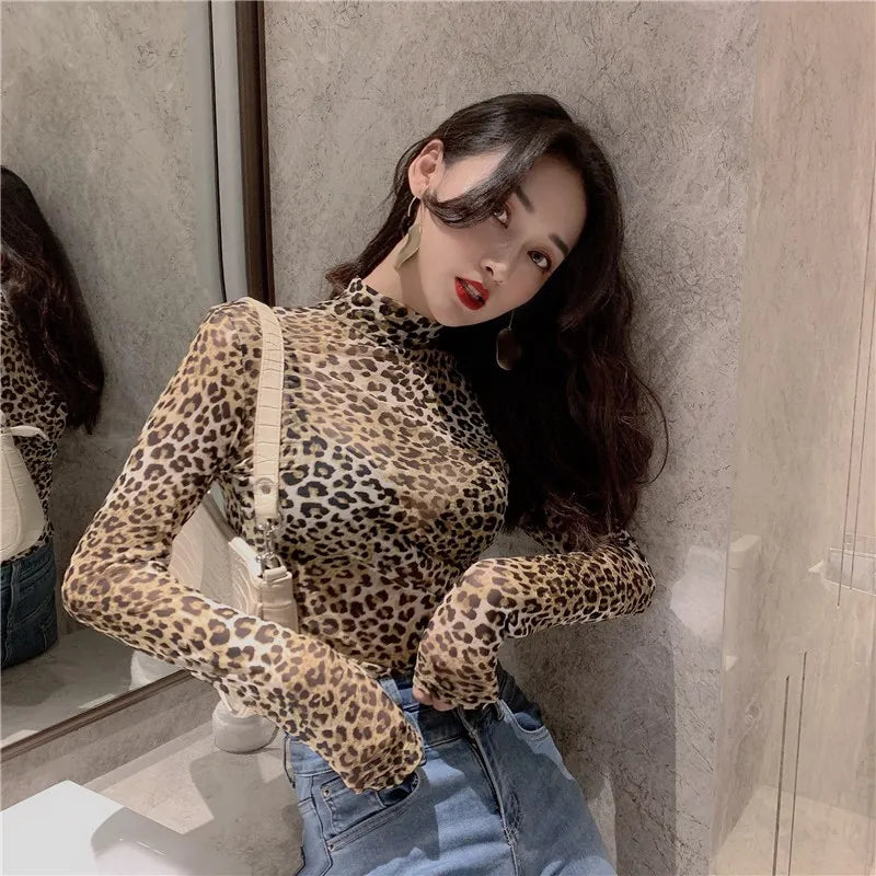 Women Retro Half High Collar Leopard T-shirt Female Fall Sexy Thin Long Sleeves Mesh T-shirt Perspective Bottom Forming Tight Top Festival Outfits | Techno Shirts | Rave Clothing
