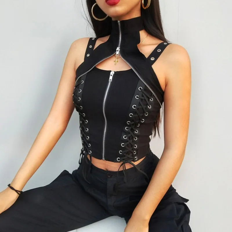 Y2k dark punk gothic corset vest women high waist bandage crop tank tops streetwear emo alt harajuku halter rave outfits festival outfits | techno shirts | rave clothing