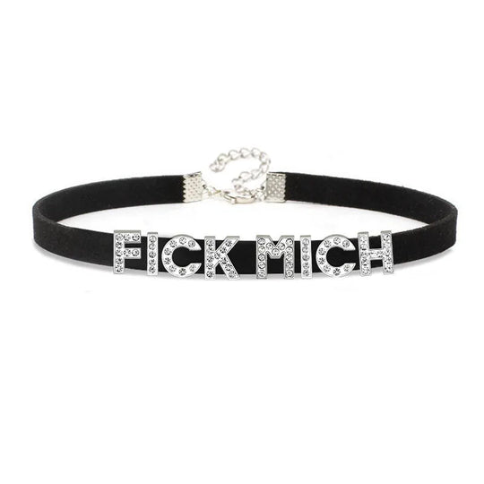 Sexy Rhinestone Letters FICK MICH Collar Choker Necklace Men Women Goth Harajuku DDLG Customized Chocker Cosplay Jewelry Gift Festival Outfits | Techno Shirts | Rave Clothing