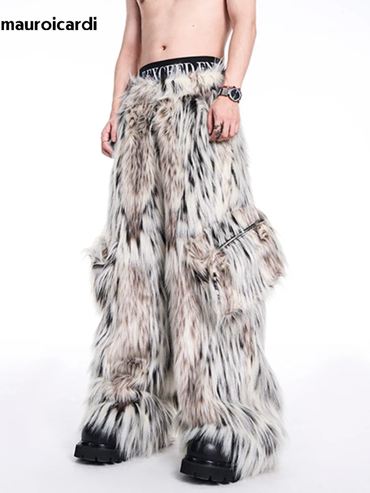 Mauroicardi Autumn Winter Long Colorful Thick Warm Hairy Fluffy Faux Fur Wide Leg Pants Men Bags Runway Fashion Streetwear Festival Outfits | Techno Shirts | Rave Clothing