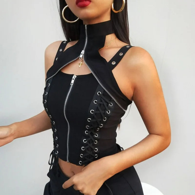 Y2k dark punk gothic corset vest women high waist bandage crop tank tops streetwear emo alt harajuku halter rave outfits festival outfits | techno shirts | rave clothing