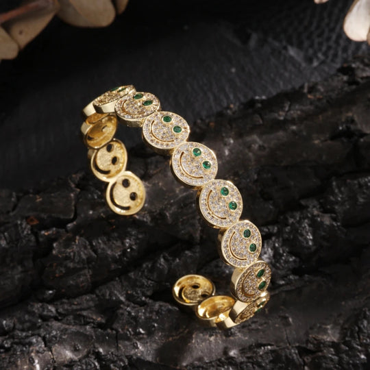 RAKOL Stilvolle Runde Lächeln Smiley Manschette Armreif Kupfer Vergoldet Zirkonia Charme Party Schmuck Für Frauen Männer Geschenke Festival Outfits | Techno Shirts | Rave Clothing