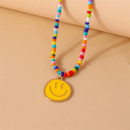 Mode Bunte Lächeln Gesicht Anhänger Halskette für Frauen Handgemachte Perlen Halskette Mädchen Party Festival Schmuck Geschenke Festival Outfits | Techno Shirts | Rave Clothing