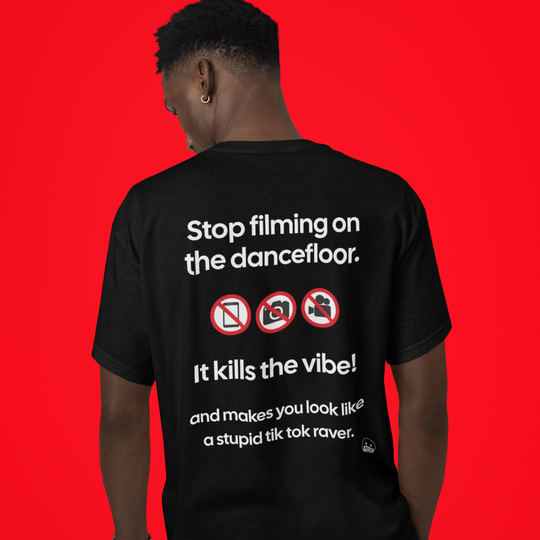 "Stop filming on the dancefloor" statement oversize shirt (backprint)