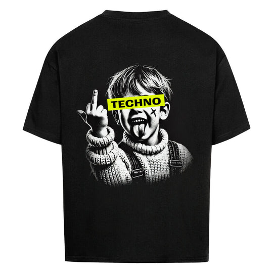 von einem  Jungen, der provokativ die Zunge herausstreckt und den Mittelfinger zeigt.  Der Kontrast zwischen der unschuldigen Erscheinung des Jungens und der rebellischen Geste, gibt dem Design eine starke, rebellische und zugleich humorvolle Wirkung.