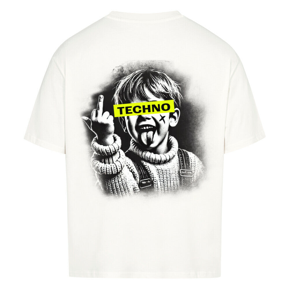 von einem  Jungen, der provokativ die Zunge herausstreckt und den Mittelfinger zeigt.  Der Kontrast zwischen der unschuldigen Erscheinung des Jungens und der rebellischen Geste, gibt dem Design eine starke, rebellische und zugleich humorvolle Wirkung.