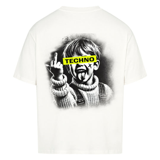 von einem  Jungen, der provokativ die Zunge herausstreckt und den Mittelfinger zeigt.  Der Kontrast zwischen der unschuldigen Erscheinung des Jungens und der rebellischen Geste, gibt dem Design eine starke, rebellische und zugleich humorvolle Wirkung.