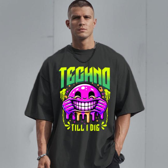 techno shirt "Techno till I die" Oversized Rave Shirt (Frontprint)