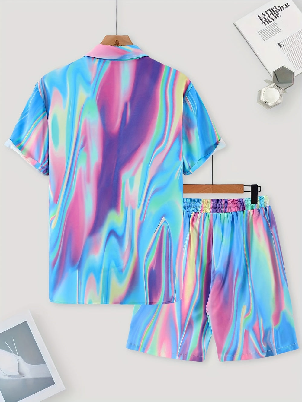 Men's Abstract Print Two-Piece Set, Short Sleeve Full Print Shirt and Drawstring Shorts, Vibrant Party Style co ord set FESTIVAL OUTFITS & STREETWEAR