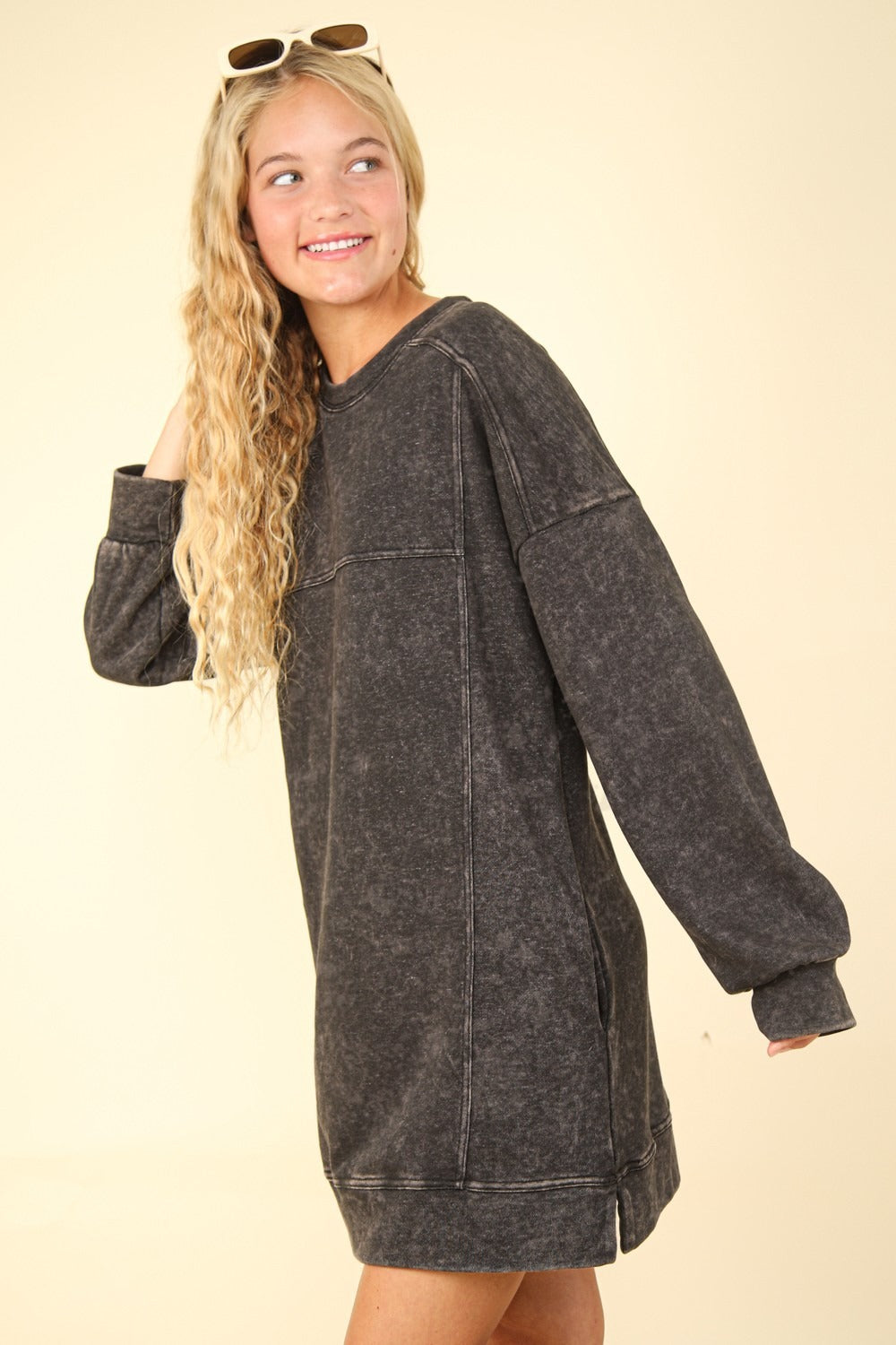 VERY J Mineral Washed Oversized Sweatshirt Mini Dress Trendsi